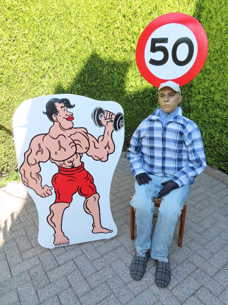 50 verjaardag Abraham gespierd en atletisch, set 3 deel., Hobby en Vrije tijd, Feestartikelen | Verhuur, Zo goed als nieuw, Abraham of Sarah