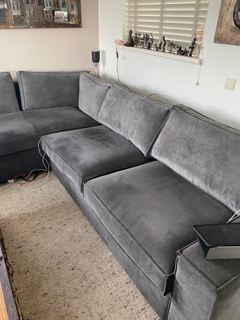 Stoere donker grijze hoekbank rib stof, Huis en Inrichting, Banken | Bankstellen, Ophalen, Hoekbank, Zo goed als nieuw, Stof