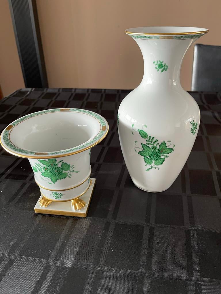 Vintage Herend Bloemenvaas en Bloempot - Groen Decor, Ophalen of Verzenden