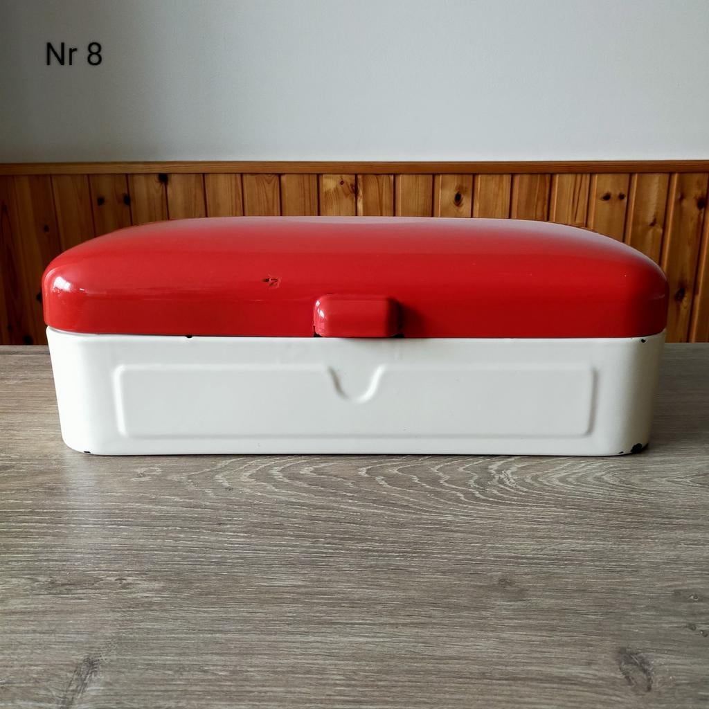 EMAILLE CRÈME/WITTE BROODTROMMEL MET RODE DEKSEL., Antiek en Kunst, Ophalen of Verzenden