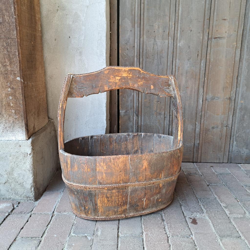 Landelijke houten ovale olijfbak + hengsel emmer *Etage3*, ., Ophalen of Verzenden, Zo goed als nieuw, .