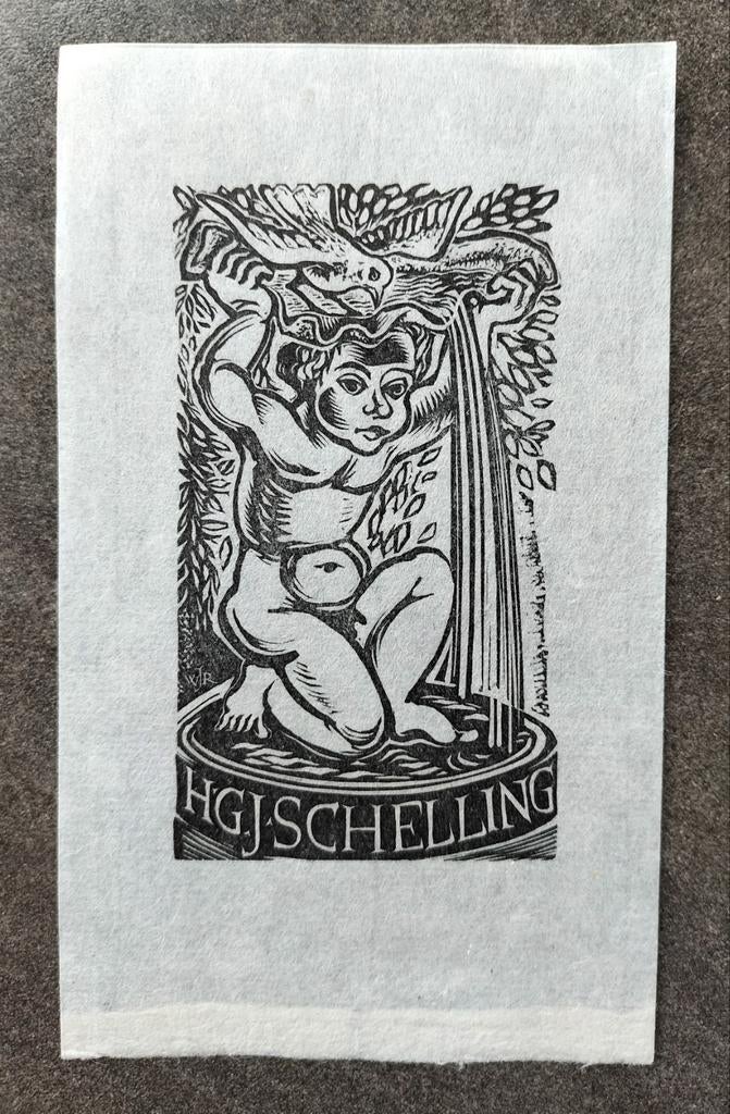 Exlibris H.G.J. Schelling (1945) (putto, duif, vogel, water), Ophalen of Verzenden