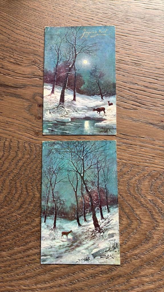 Herten in de nacht in de sneeuw. Ondergaande zon, Ophalen of Verzenden, 1920 tot 1940, Gelopen