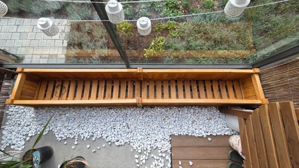 MOET NU WEG!!! Plantenbak 200x30x25 cm massief teakhout, Tuin en Terras, Bloembakken en Plantenbakken, Zo goed als nieuw, Hout