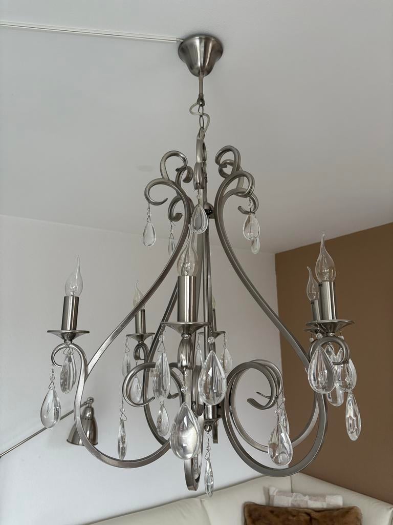 Mooie chique kroonluchter rond met kristal zware kwaliteit, Ophalen, Gebruikt, Metaal