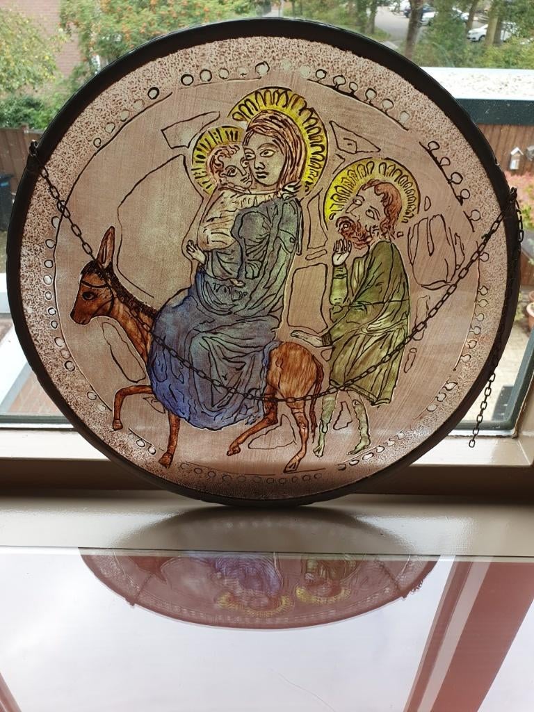 Josef en Maria glas in lood gebrandschilderd 40 cm rond(1.2), Ophalen