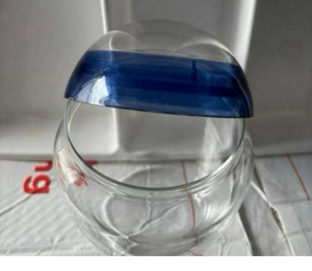 Glazen suikerpot snoeppot voorraadpot met blauw deksel, Ophalen of Verzenden, Zo goed als nieuw