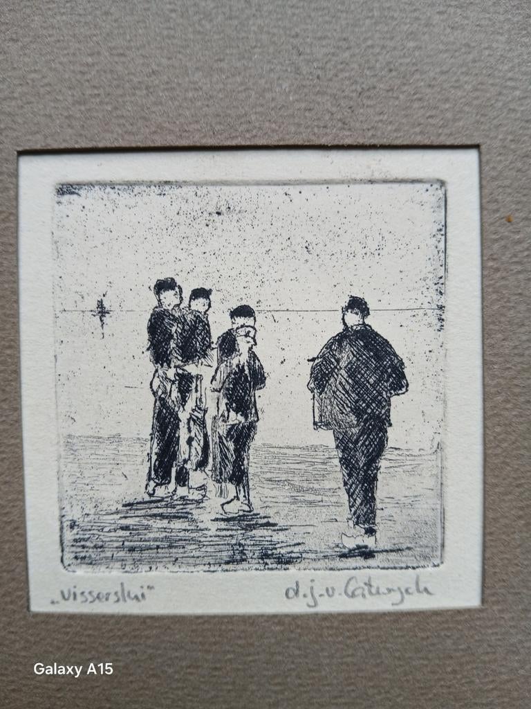 Ets 'Visserslui' gesigneerd d.j.v. Catwijck, Antiek en Kunst, Kunst | Etsen en Gravures, Ets, Gesigneerd, Met passe-partout, Dagelijks leven