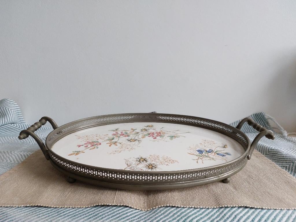 Antiek ovaal dienblad bloemdecor porselein Gentiaan, Antiek en Kunst, Antiek | Porselein, Ophalen