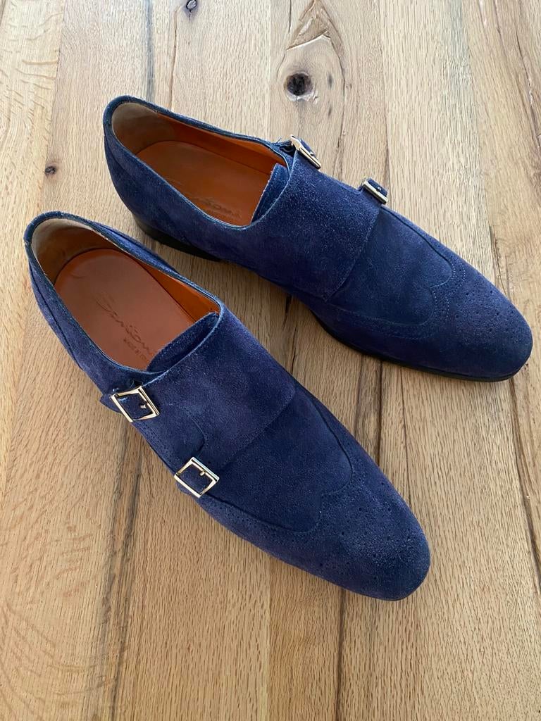 Nieuwstaat Santoni gespschoenen blauw suède maat 10 (45), Verzenden, Blauw, Gespschoenen, Zo goed als nieuw