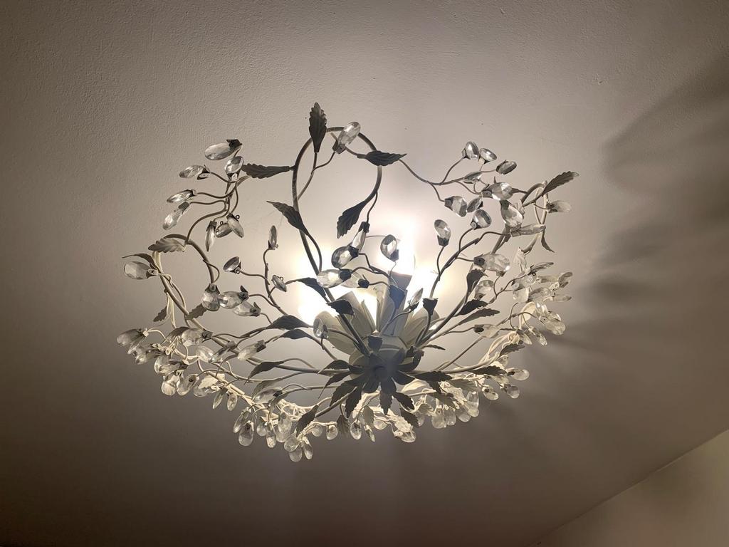 Plafondlamp met bladeren en kristallen, Ophalen of Verzenden, Gebruikt, Metaal