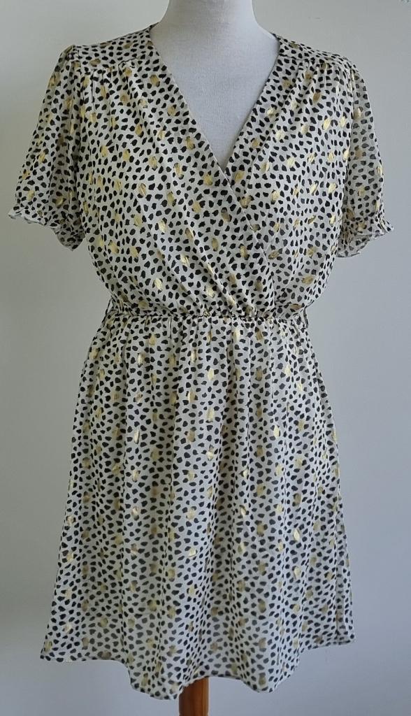 Papillonne ecru jurkje met zwarte prints en goud mt. S, Beige, Papillonne, Ophalen of Verzenden, Zo goed als nieuw