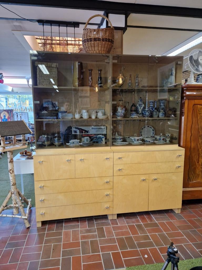Grote Houten Vitrinekasten | Set van 2 | Glasdeuren & Laden, Huis en Inrichting, Kasten | Vitrinekasten, Met deur(en), Glas, 150 tot 200 cm