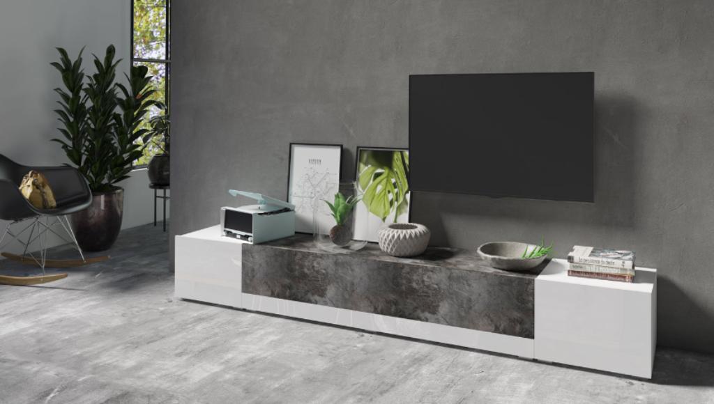 Tv-meubel - Hoogglans wit/Betonlook - 240cm, Nieuw, Ophalen of Verzenden, 200 cm of meer, Minder dan 100 cm