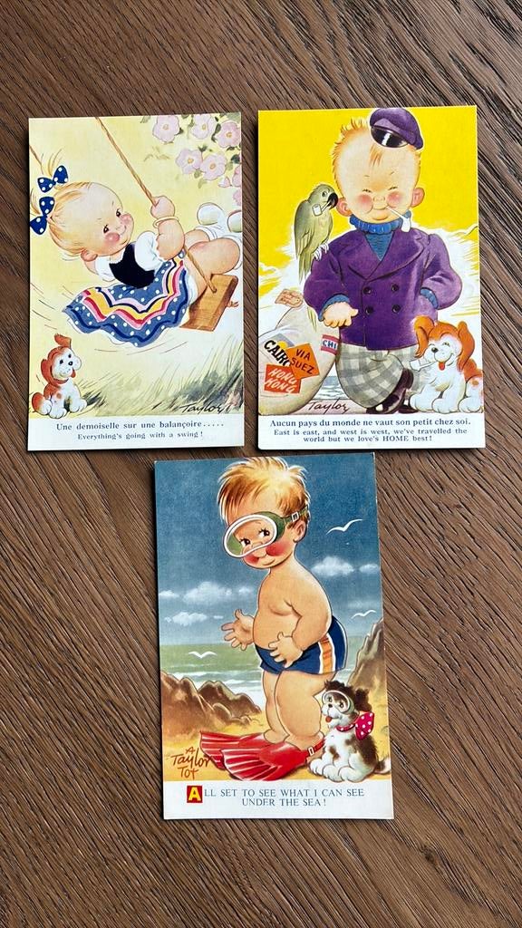 Humor kinderen. 3 Taylor Tot kaarten. Schommel,pijp,duiken, Ophalen of Verzenden, Ongelopen, Overige thema's