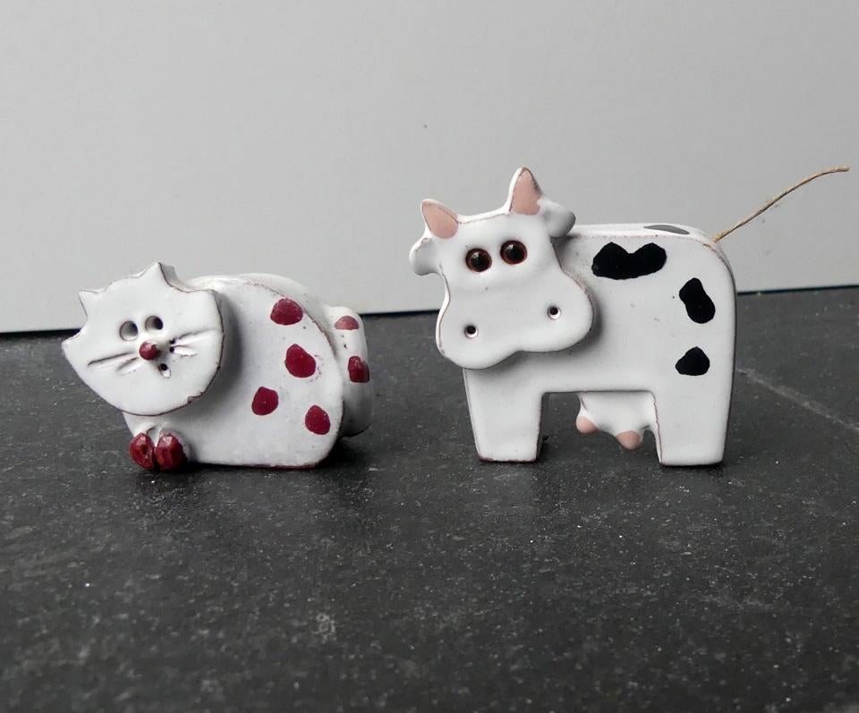 Vintage beeldjes koe en poes kat wit keramiek beeldje, Verzamelen, Ophalen of Verzenden, Gebruikt, Dier