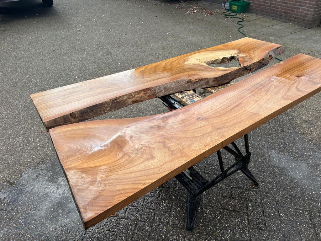 Unieke iepen River stamdelen met spechtengat - 199x100x4.5cm, Ophalen, 25 tot 50 mm, Nieuw, Plank