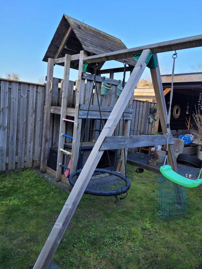 Jungle Gym Speelhuisje met Klimrek excl schommels, Ophalen, Gebruikt, Hout