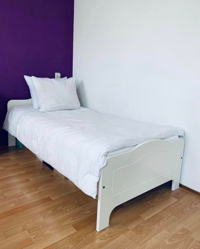 Witte eenpersoonsbed 90x190 zonder matras incl lattenbodem, Ophalen, 85 tot 100 cm, Zo goed als nieuw, Lattenbodem