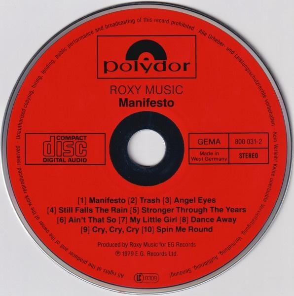 Roxy music – manifesto cd 800 031-2 red face polydor 1983, Verzenden, Zo goed als nieuw, Poprock