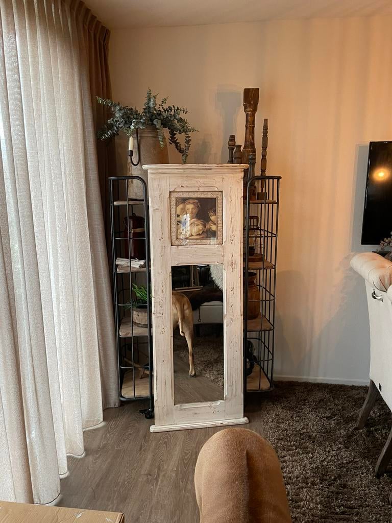 Unieke landelijke / brocante hal spiegel, Ophalen, Zo goed als nieuw, 150 tot 200 cm, Rechthoekig