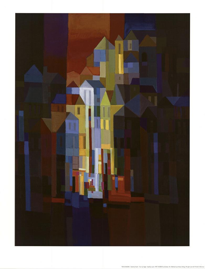 Ton Schulten(1938) Gr Kunstdruk Affiche " Stad in de Nacht ", Ophalen of Verzenden
