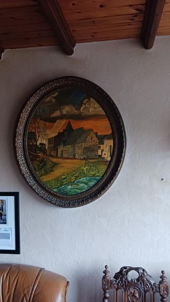 Groot olieverf schilderij kapelletje Lemiers, Antiek en Kunst, Ophalen