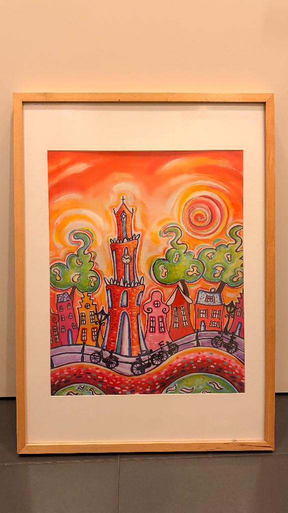 Kleurrijke print Eveline Bouwkamp - Utrechts stadsgezicht, Ophalen, Gebruikt, 50 tot 75 cm, Print