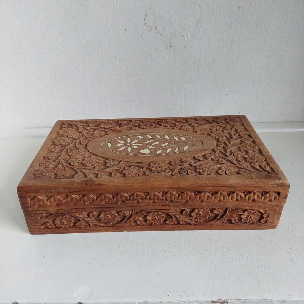 Lucky Vintage midcentury India houtsnijwerk doos, Antiek en Kunst, Ophalen of Verzenden