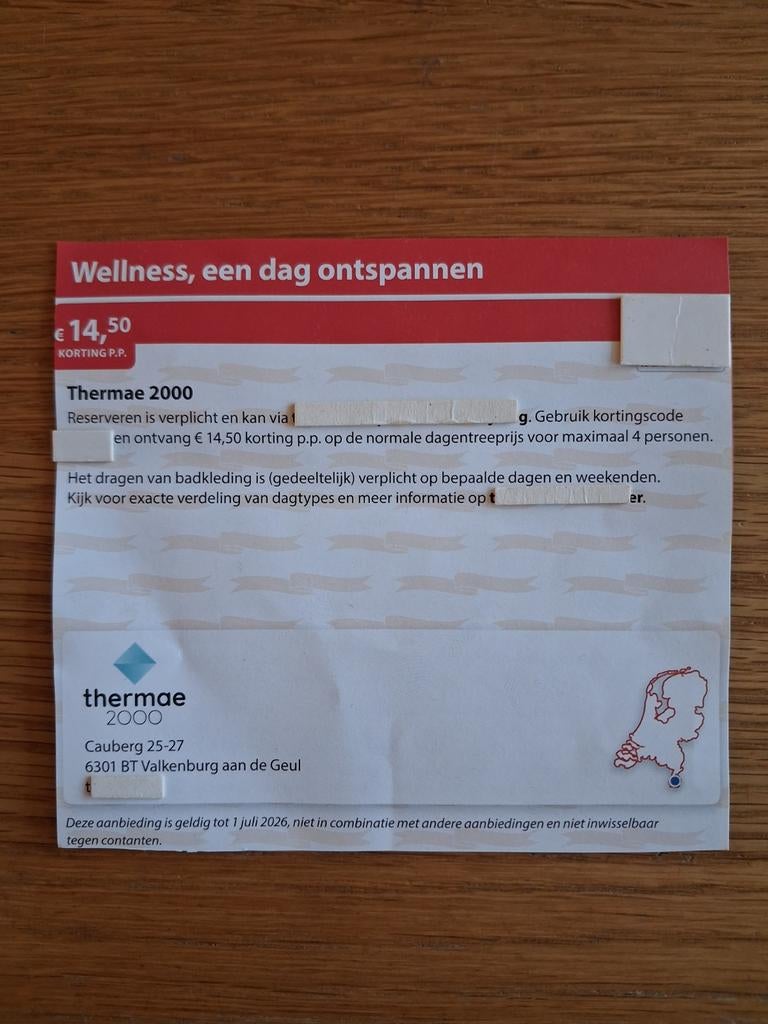 THERMAE 2000 14,50 KORT P.P MAX 4 PERSONEN!, Drie personen of meer, Kortingsbon, Spa of Sauna