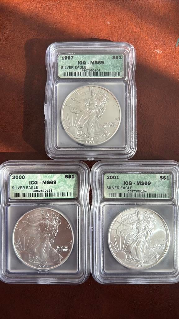 3 zilveren dollars US 1997/2000/2001, Ophalen of Verzenden, Zilver