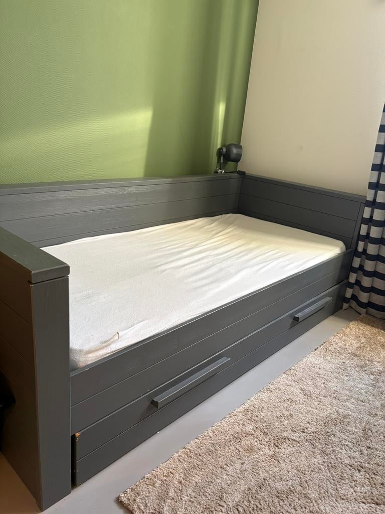 Woood bed Dennis met lade, Ophalen, Eenpersoons, 200 cm, Grijs