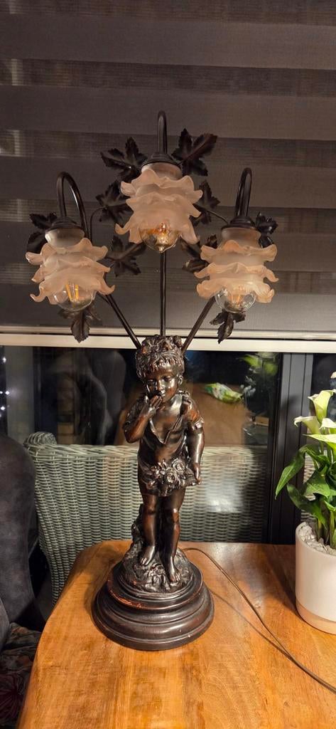 Art Nouveau Tafellamp - Gesigneerd Meisje Bloemen, Antiek en Kunst, Antiek | Lampen, Ophalen