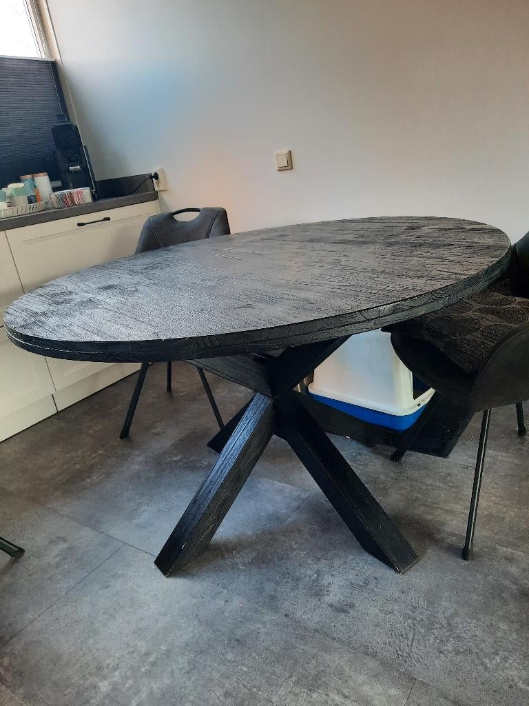 Ronde zwarte mango houten eettafel, Huis en Inrichting, Tafels | Eettafels, Ophalen, Gebruikt, Mango hout., Rond