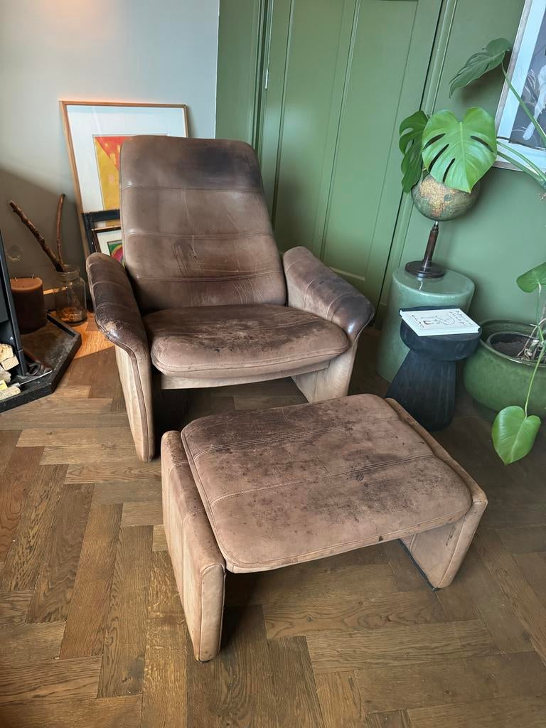 De Sede lounge stoel met hocker, Ophalen, Gebruikt, Leer, 75 tot 100 cm
