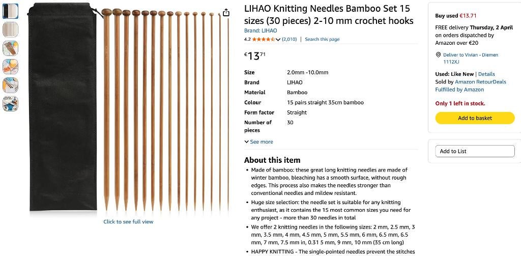 Knitting needles (bamboo + metal) + some yarn, Ophalen, Zo goed als nieuw, Breien, Wol of Garen