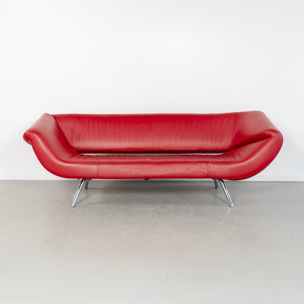 1x Leolux Arabella 3-zits/220cm Bank Rood Leer - Chroom