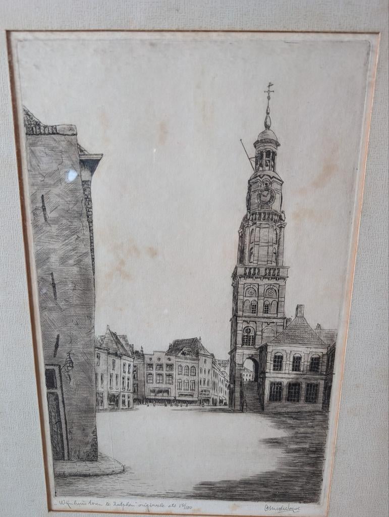 Erts Wijnhuistoren Zutphen 18 / 100, Antiek en Kunst, Kunst | Etsen en Gravures, Ophalen of Verzenden