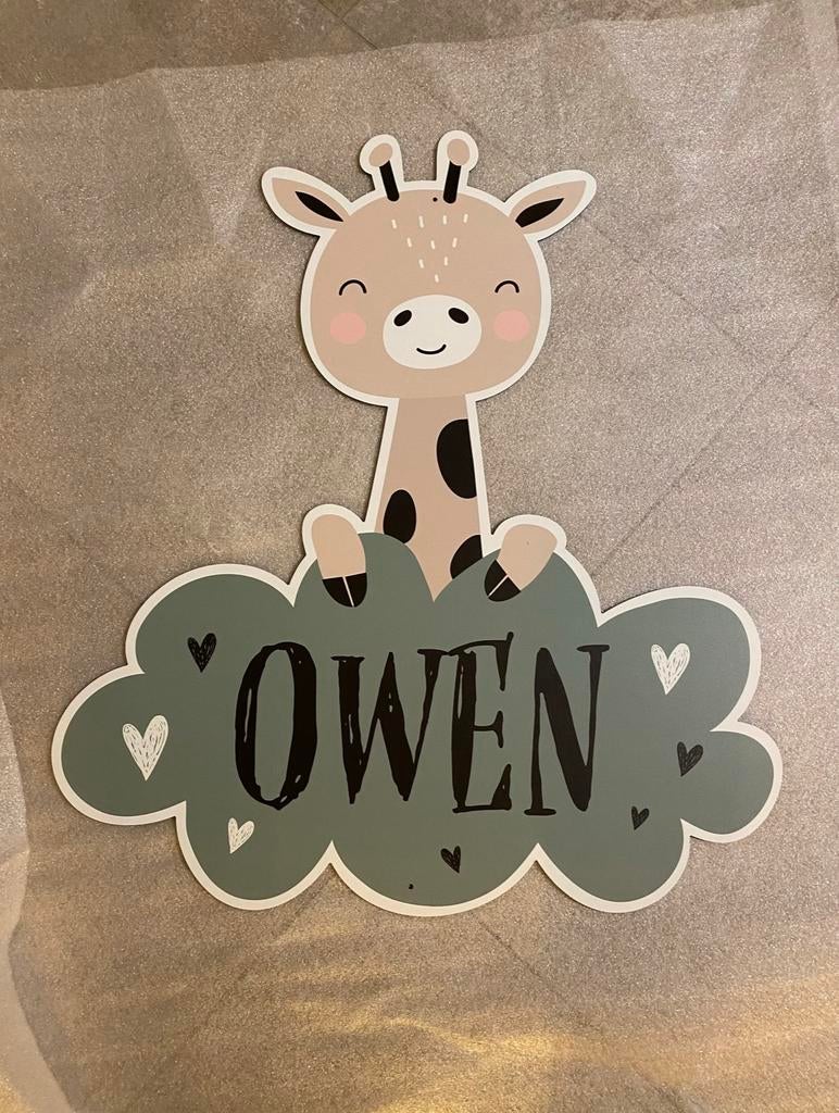 Geboortebord giraffe met naam Owen, Kinderen en Baby's, Kraamcadeaus en Geboorteborden, Ophalen, Zo goed als nieuw, Geboortebord