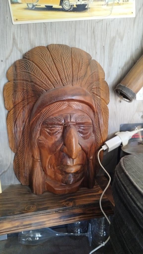 Set van 2 Indiase beelden: Houtsnijwerk en Buste, Handgemaakt, Ophalen of Verzenden, 20 - 50 cm, Beeld