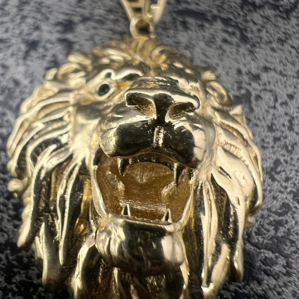 14 karaat gouden hanger leeuw kop kettinghanger, Ophalen of Verzenden, Zo goed als nieuw, Kruis of Symbool, Goud