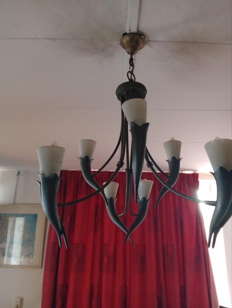 Oude Italiaanse koper/brons 9-lamps kroonluchter van 18 kg, Ophalen of Verzenden, Gebruikt, Metaal, Italiaans