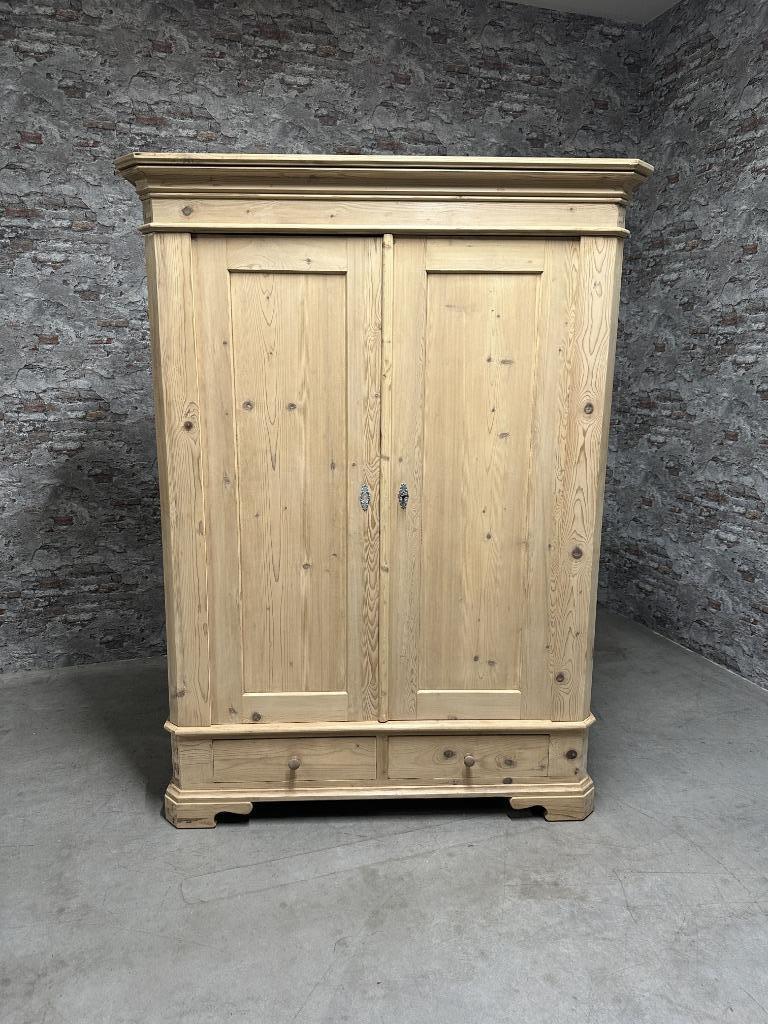 Antiek grenen kledingkast met 2 lades nr.8686, Info@antiekgroothandel.com, 7602 RG, 100 tot 150 cm, Ophalen of Verzenden