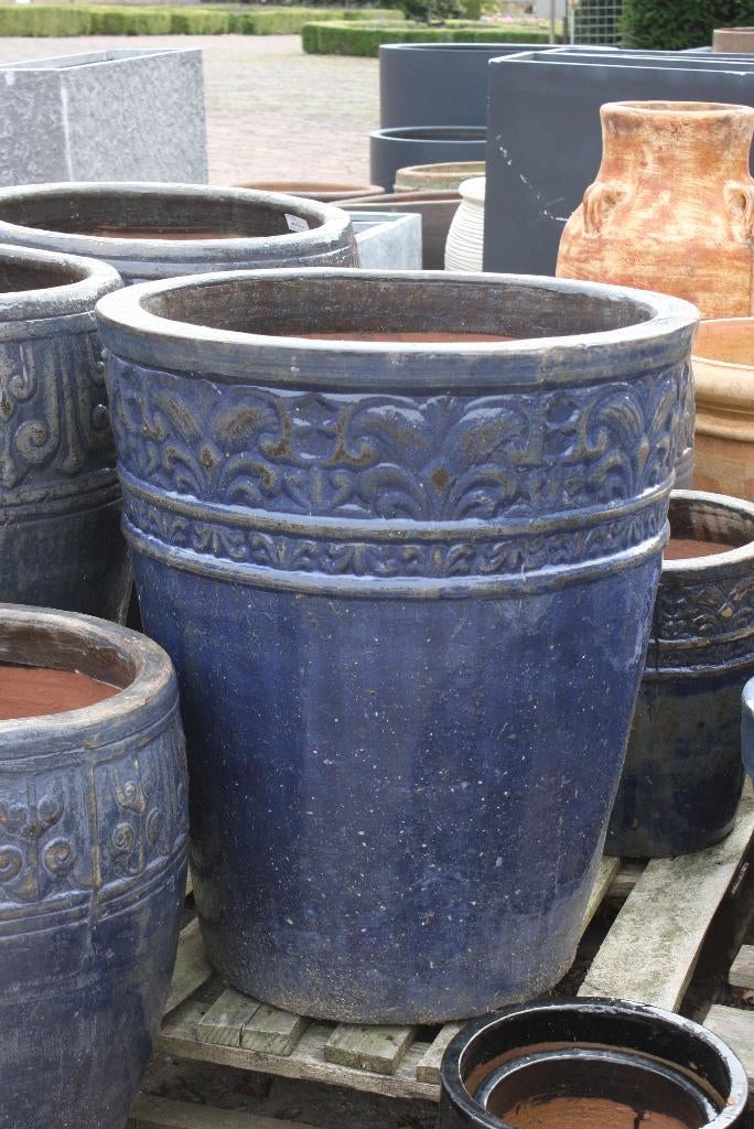 Ronde hoge bloempotten aardewerk blauw (2 maten) terras, Ophalen, 40 cm of meer, Rond, Nieuw