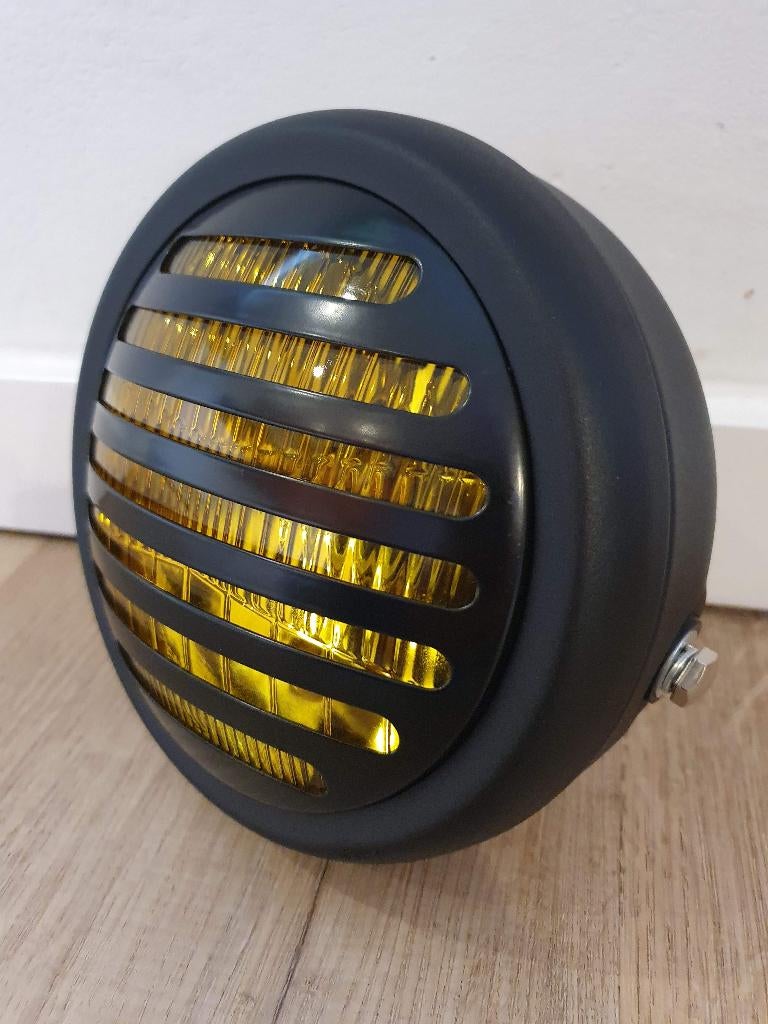 Koplamp zwart caferacer bobber scrambler + rooster geel, Motoren, Ophalen of Verzenden