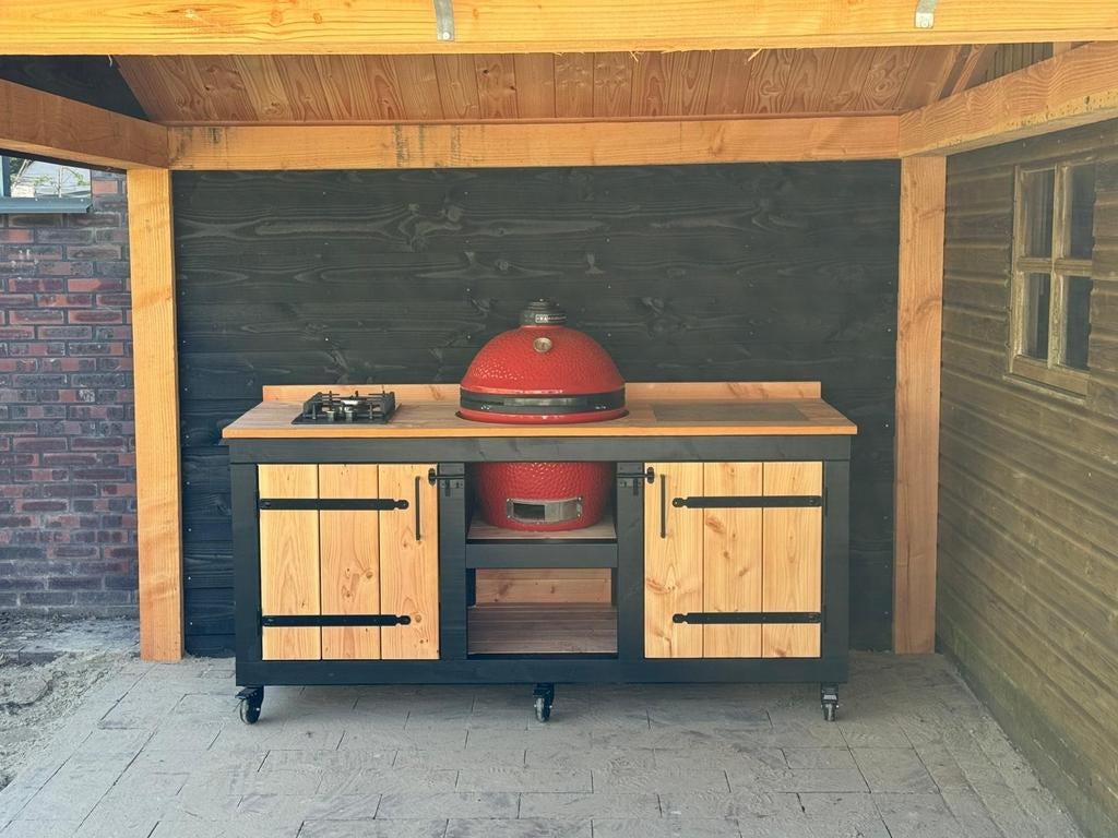 Luxe Buitenkeuken Douglashout | Kamado / Big Green Egg BBQ, Maatwerk, Houtskool, Vrijstaand, Nieuw