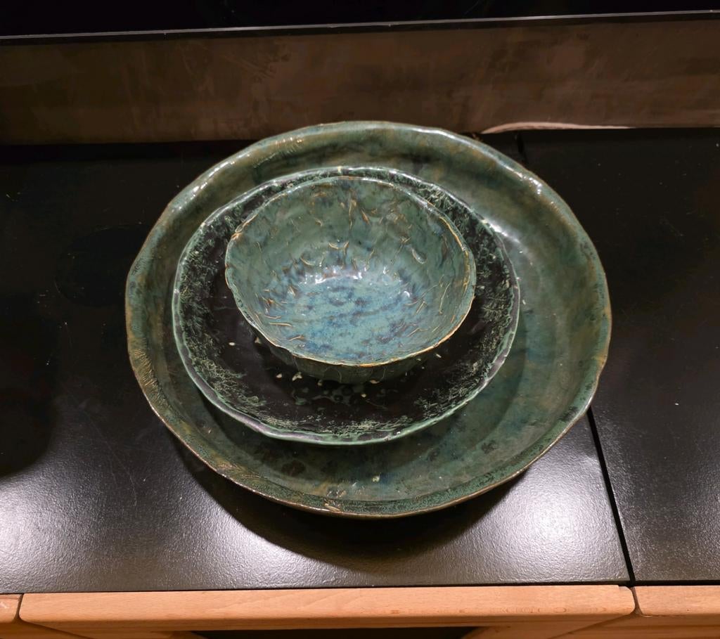 3 Mooie Handgemaakte Groene Schalen Set, Huis en Inrichting, Woonaccessoires | Schalen en Manden, Zo goed als nieuw, Schaal, Overige vormen