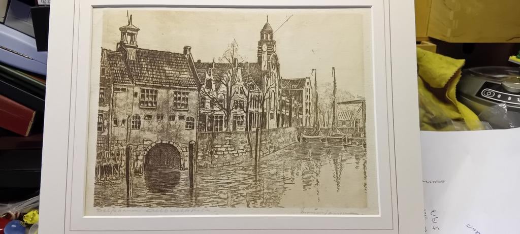 MARIUS JANSSEN. Ets Delftshaven.Albrechtskolk, Antiek en Kunst, Ophalen of Verzenden