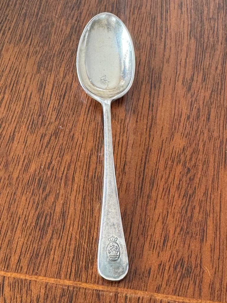 Zilverkleurige lepel met kroon en schip, Antiek en Kunst, Antiek | Bestek, Ophalen of Verzenden