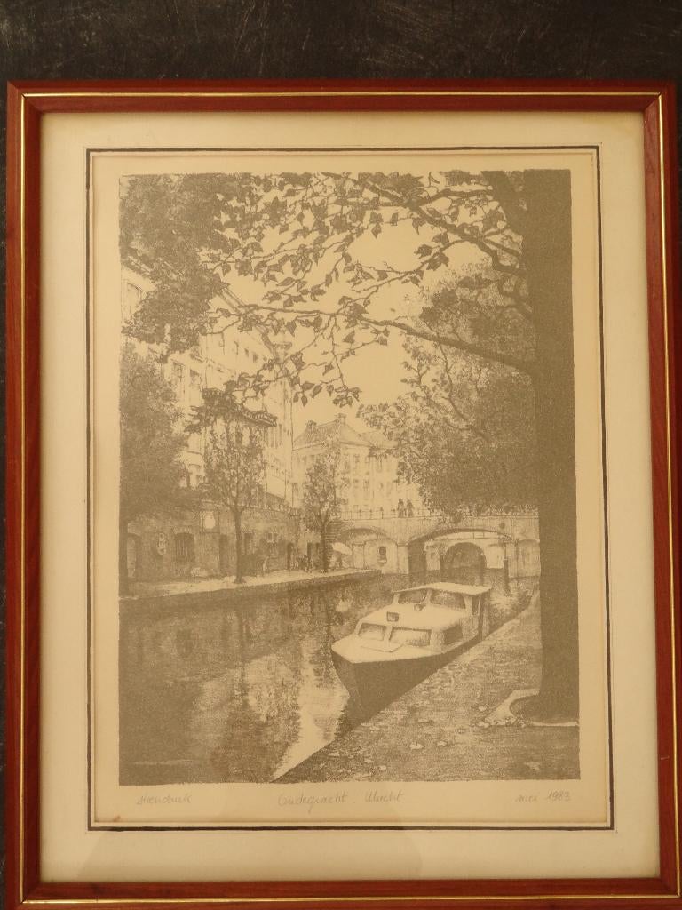 steendruk Oude Gracht met boot Utrecht monogram GP, 1983, Verzenden